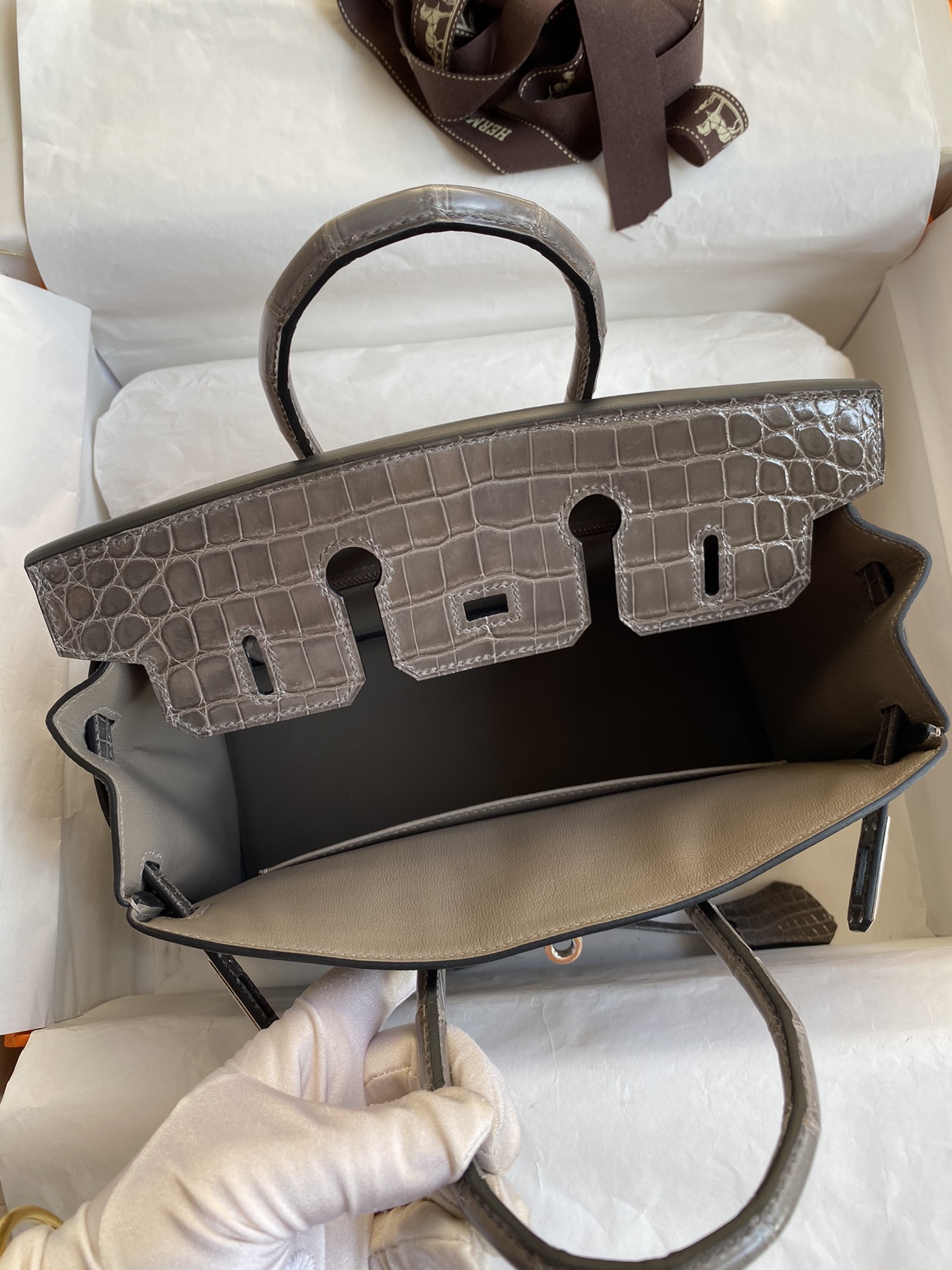 Hermes Touch Birkin 25CM Bag In Gris Mouette Togo and Shiny Niloticus Crocodile Skin